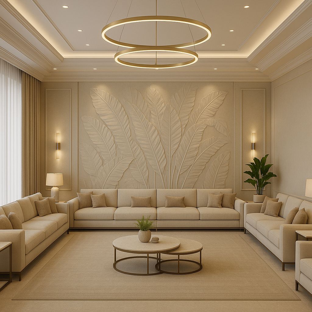 Luxury Drawing Room with Bookmatched Marble TV Backdrop & Fluted Slats #51